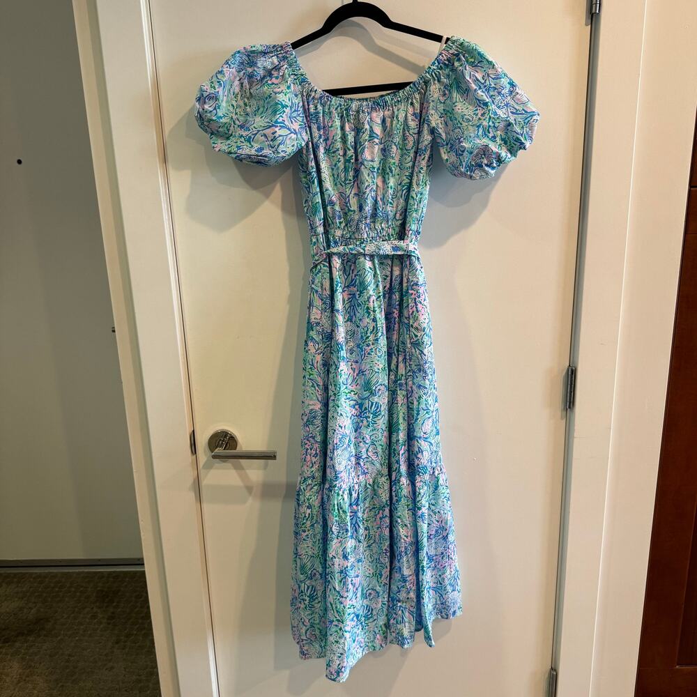 New Lilly Pulitzer Tamie Off-The-Shoulder Dress Blue Tiered Puff Sleeve Sz S - Picture 7 of 7